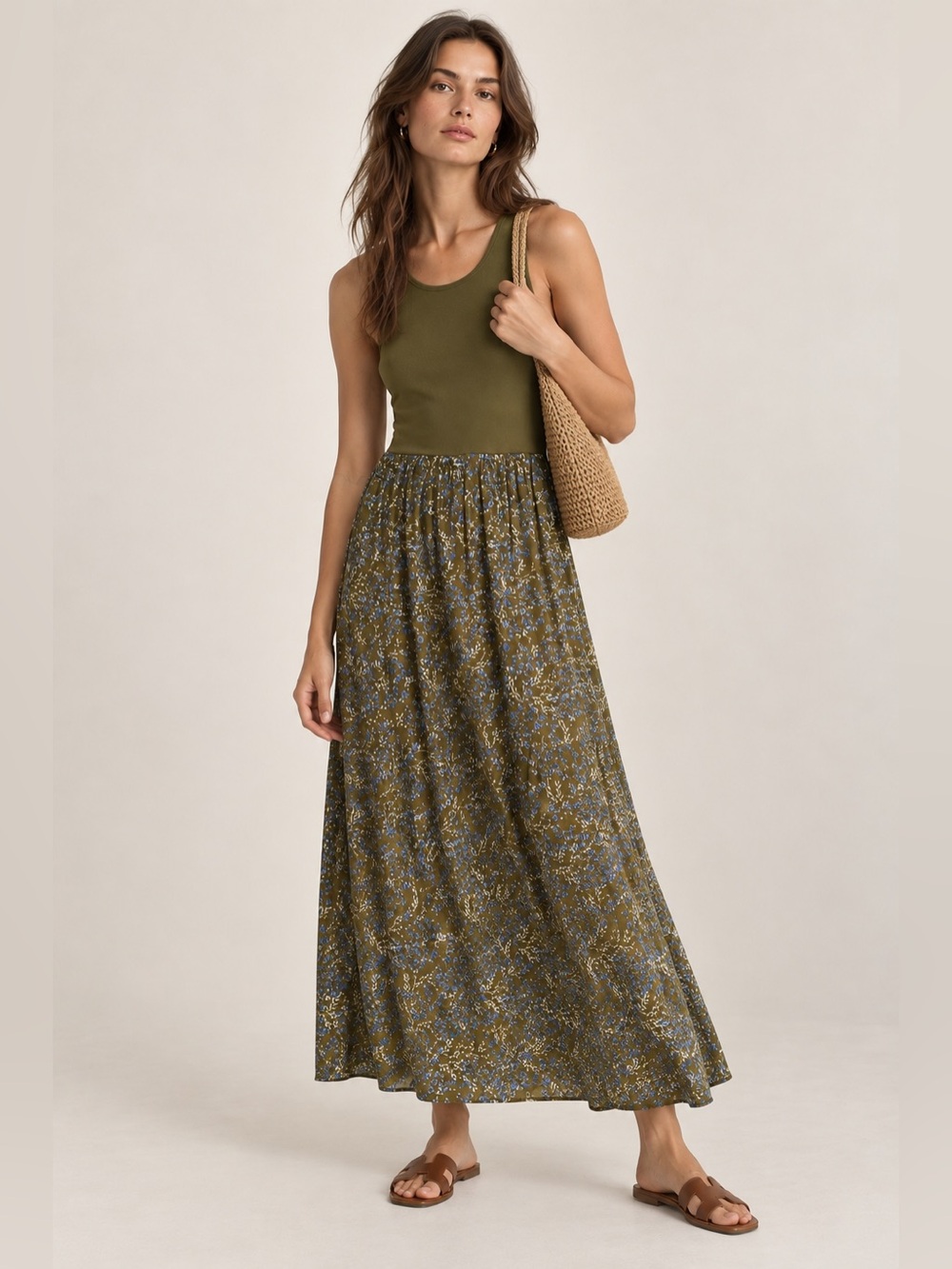 LOFT Outlet Petite Olive Green Floral Midi/Ankle Length Dress Size XSP XS Petite